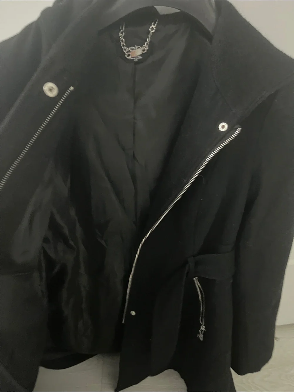 bebe Black Wool-Blend Coat with Silver Chain Detail